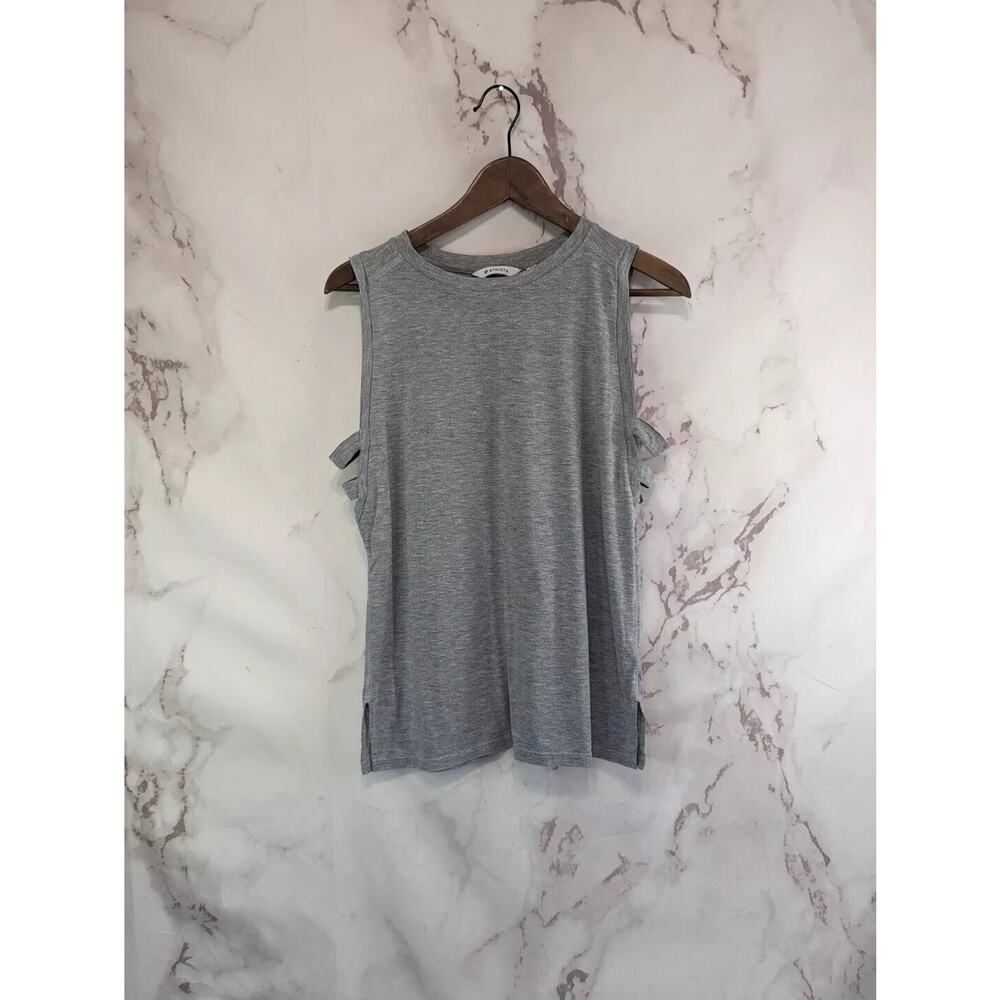 Athleta Tank Top Womens Small Gray Muscle Lattice Loop Cut Out Shirt Crew Neck